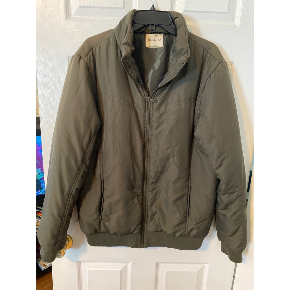 Young USA Mens XL Puffer Bomber Jacket Olive Green Full‎ Zip Mock Neck Insulated
